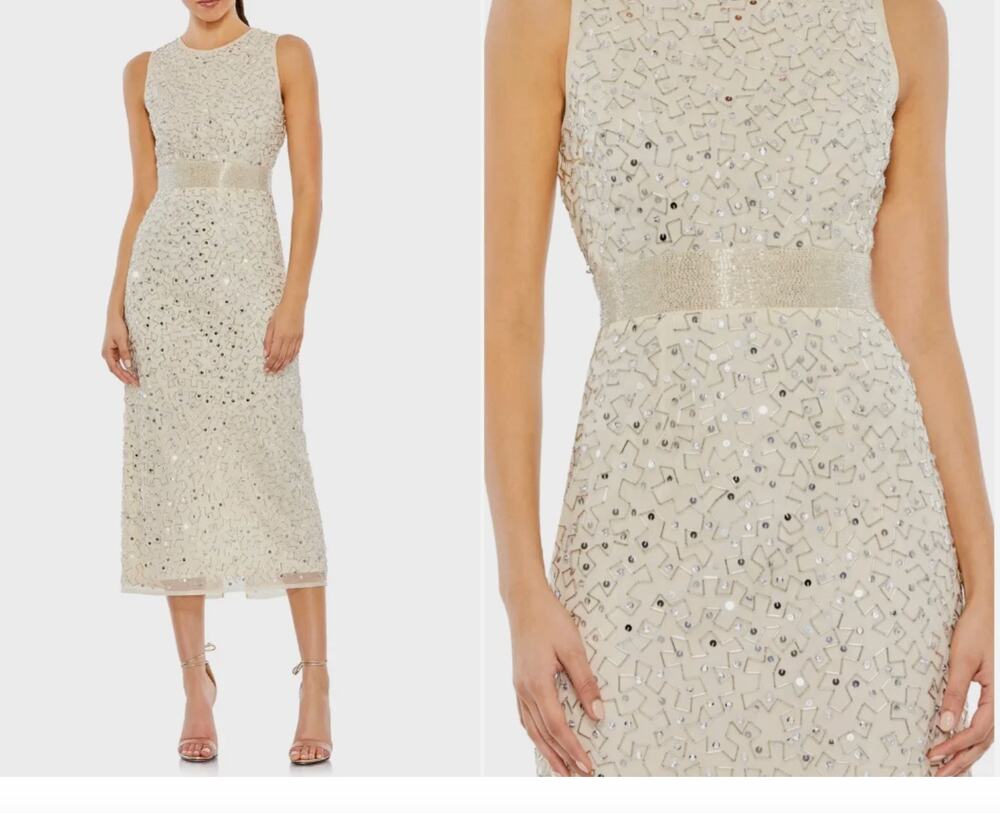 MAC DUGGAL Geometric Embellished Sleeveless Cocktail Midi Dress | 8 Silver Flaws